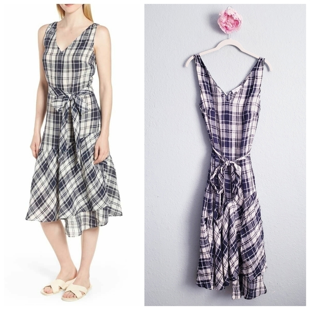 Nordstrom Signature Linen Faux Wrap Plaid Dress